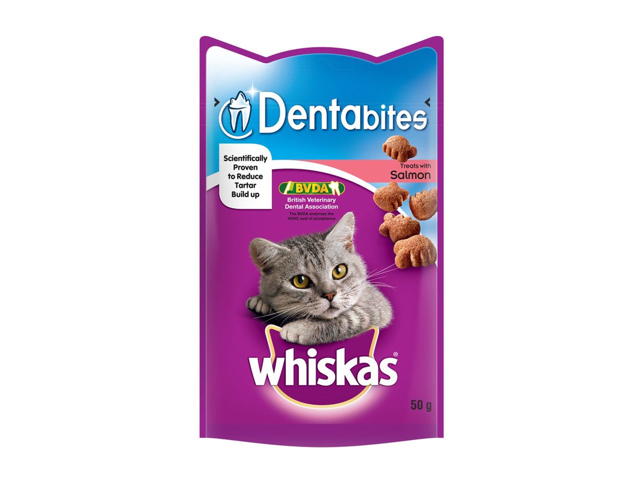 Whiskas Dentabites: salmon treats for cats, reduce tartar buildup.