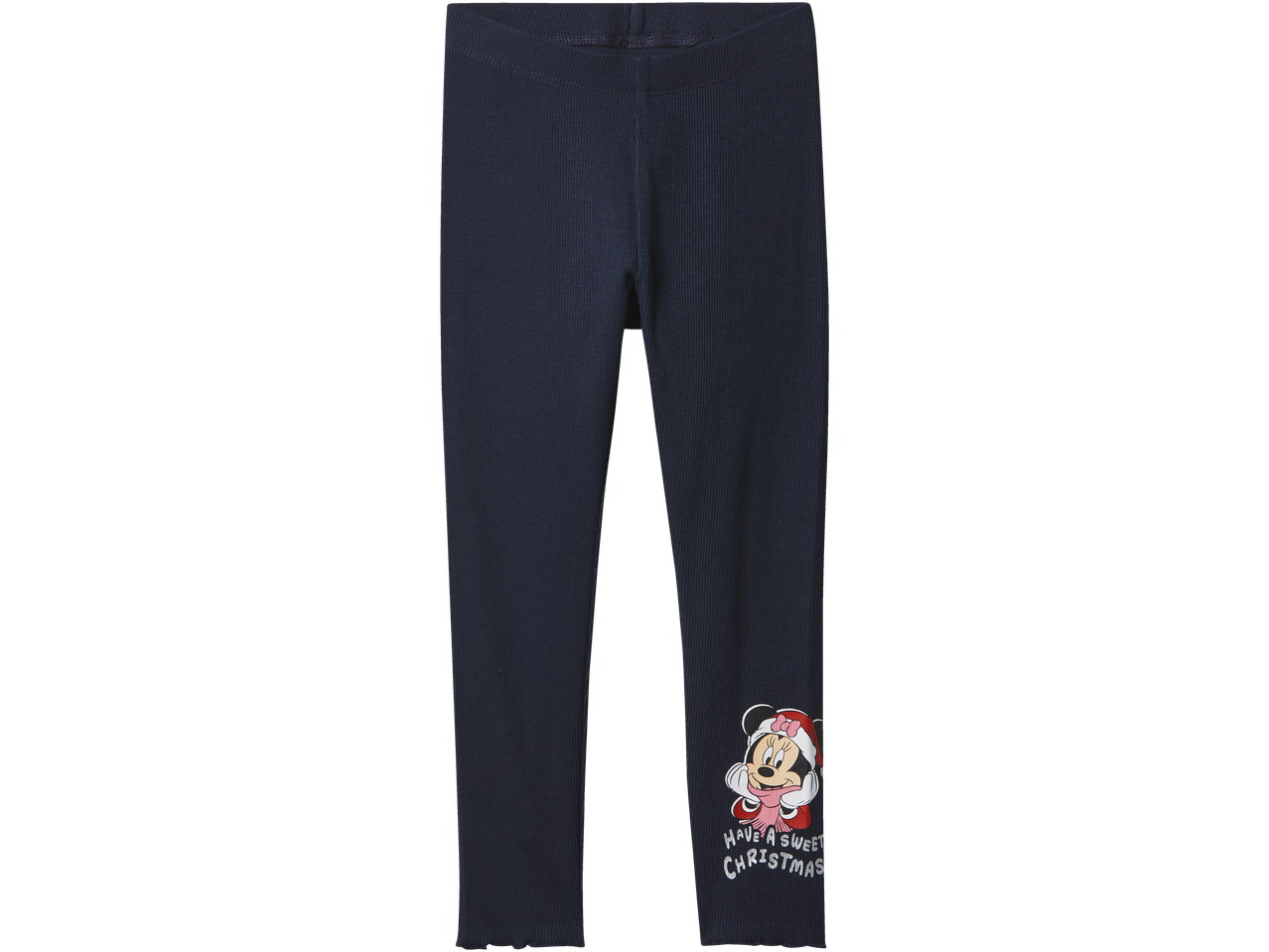 Tamsiai mėlyni briaunoti tamprės su Mikės Pūkuotuko personažu ir užrašu „Have a sweet Christmas“