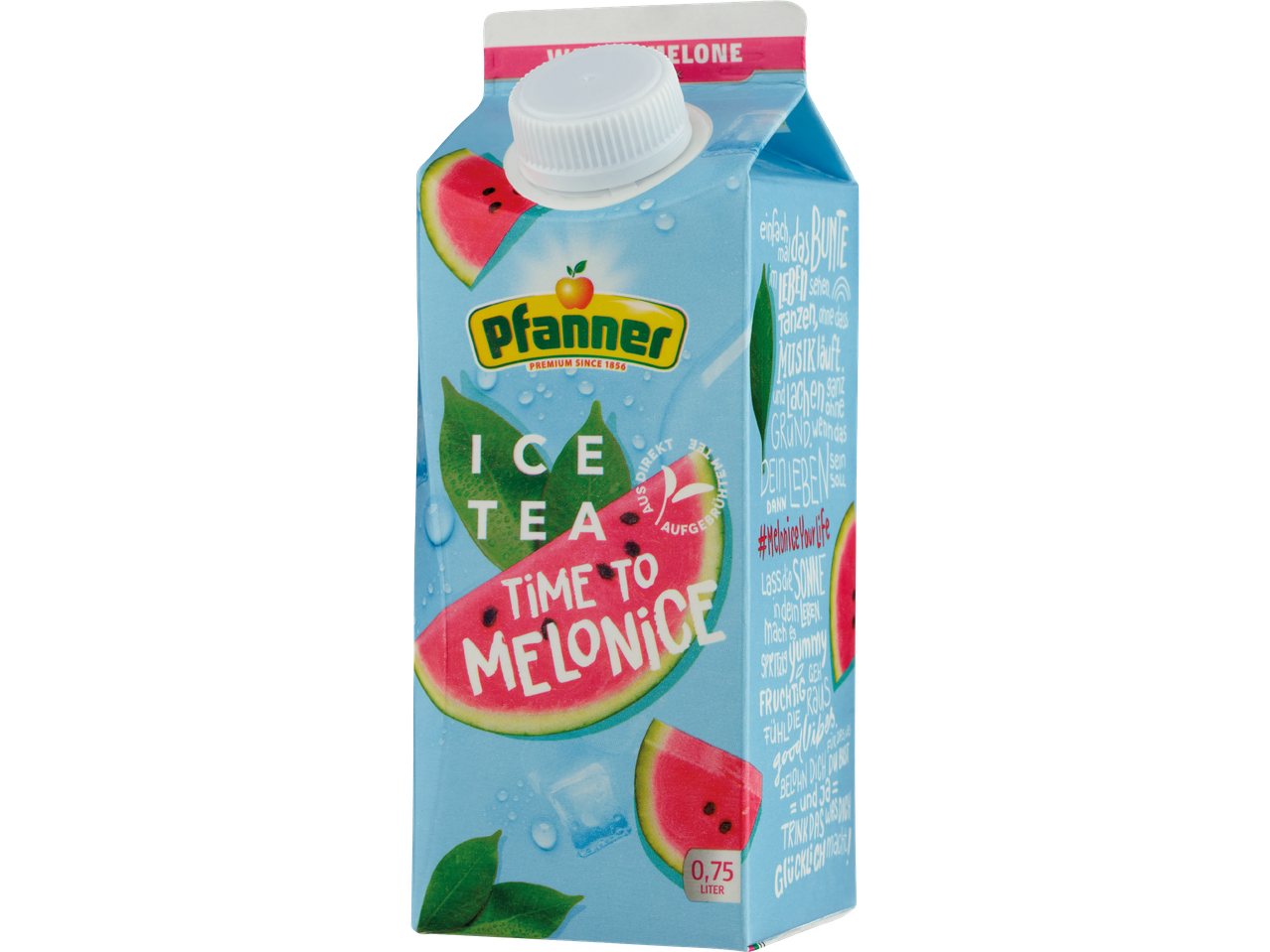Pfanner Ice Tea Time to Melonice, en 0,75 liters förpackning med vattenmelon smak.