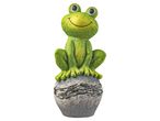 A green ceramic frog  for Garden Ornament with a wide smile, sitting on a textured gray base.
