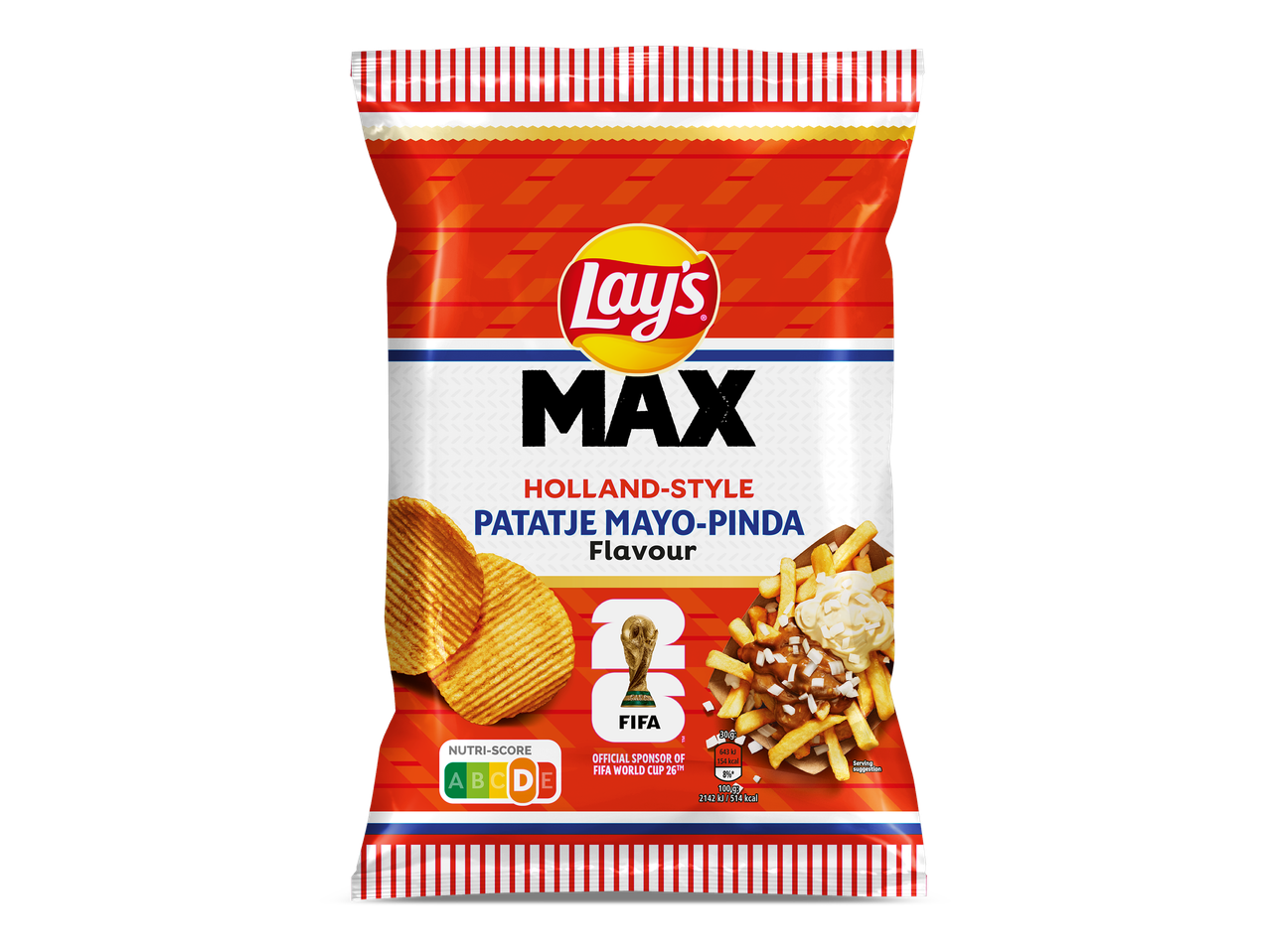 Zak chips met Holland-stijl Patatje Mayo-Pinda smaak, Nutri-Score D, en FIFA World Cup 26 logo.
