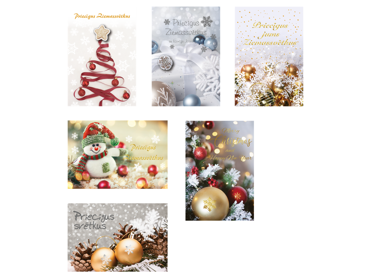 Ziemassvētku kartīšu komplekts ar dažādiem motīviem un apsveikumiem, piemēram, „Priecīgus Ziemassvētkus“ un „Merry Christmas“.