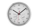 Wall clock with temperature and humidity display, white face, and silver frame.