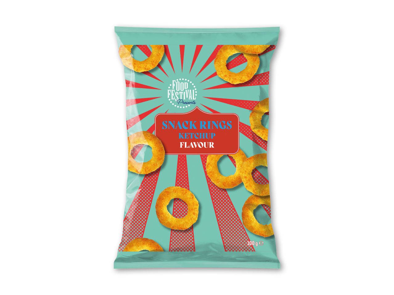 Pose med ketchup-smagte snackringe med et retrodesign og teksten 'SNACK RINGS KETCHUP FLAVOUR'.