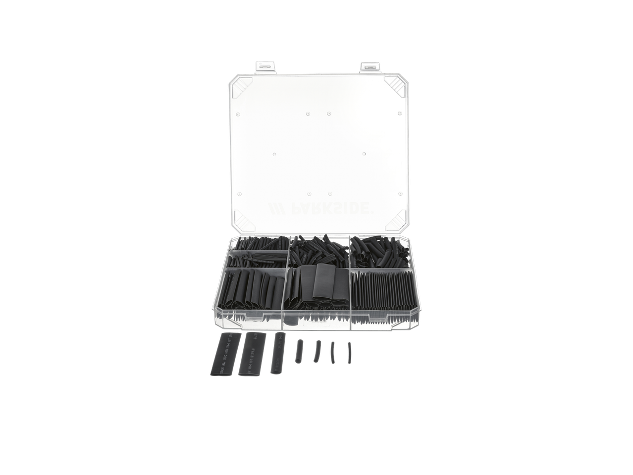 Parkside® juodų termiškai susitraukiančių vamzdelių asortimentas permatomoje laikymo dėžutėje.