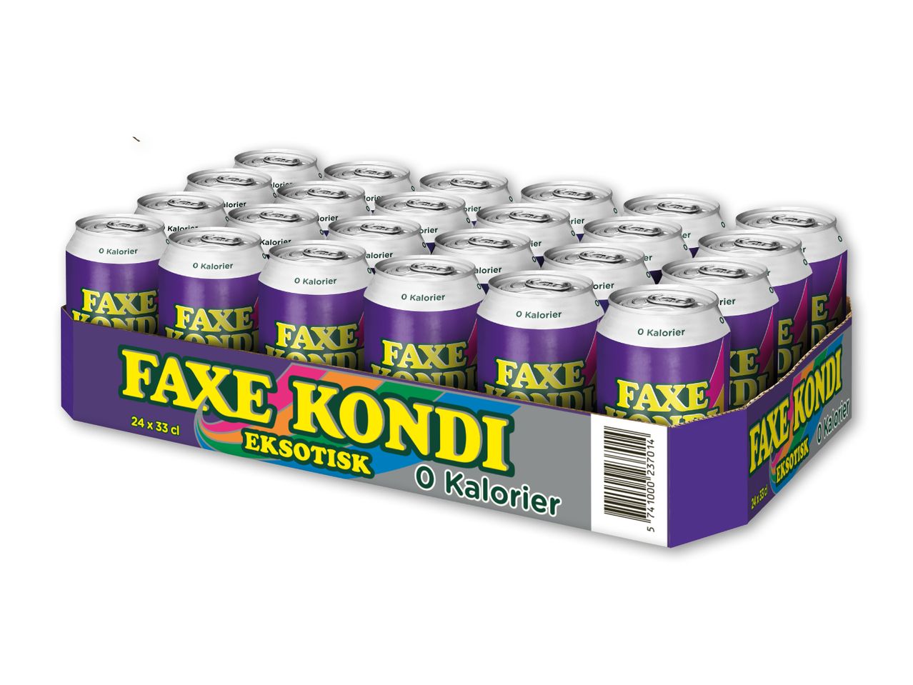 En bakke med 24 lilla og hvide sodavandsdåser med teksten '0 Kalorier' og 'Eksotisk'.