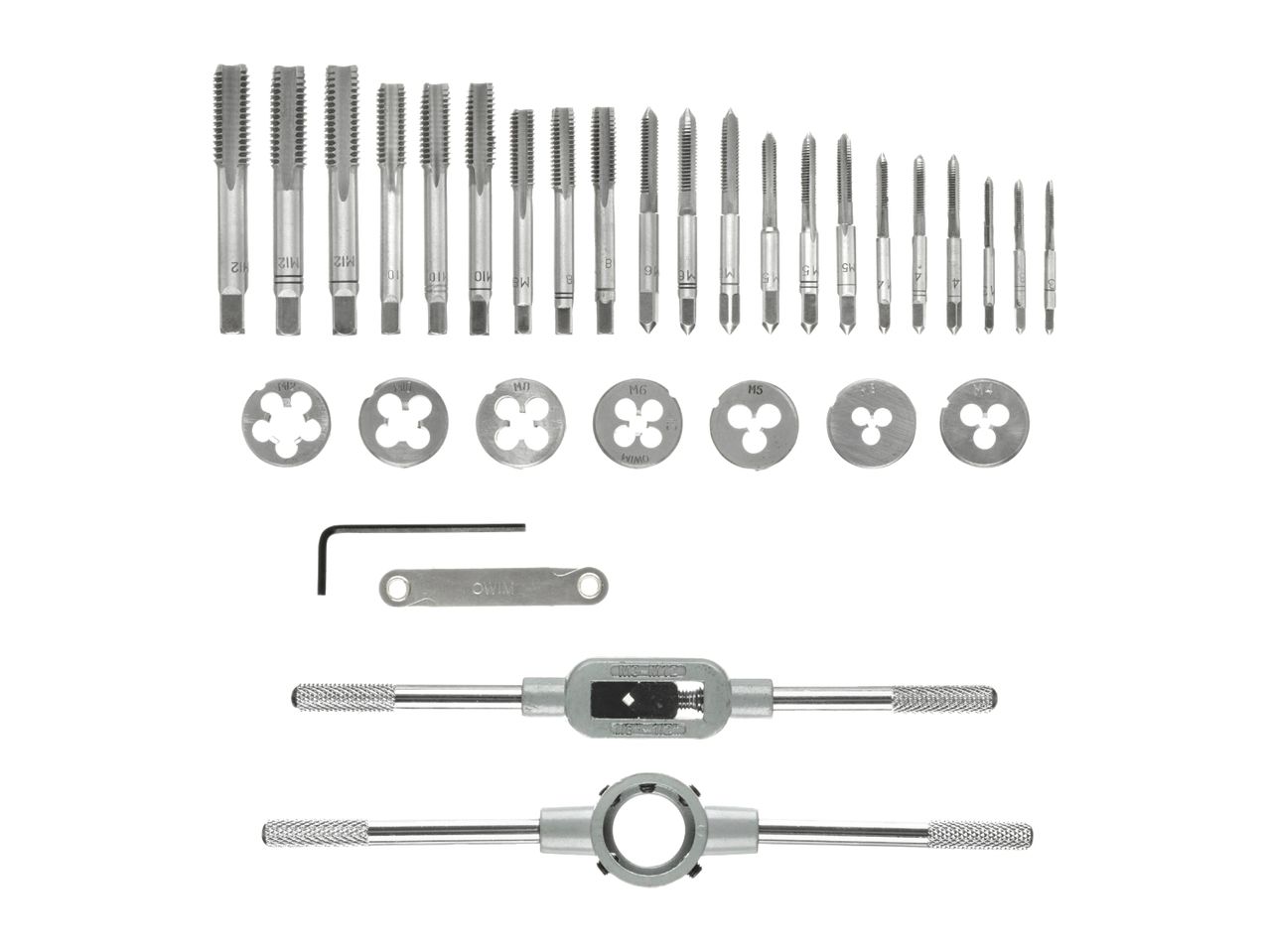 A tap and die set with various sizes of taps, dies, and handles for threading.