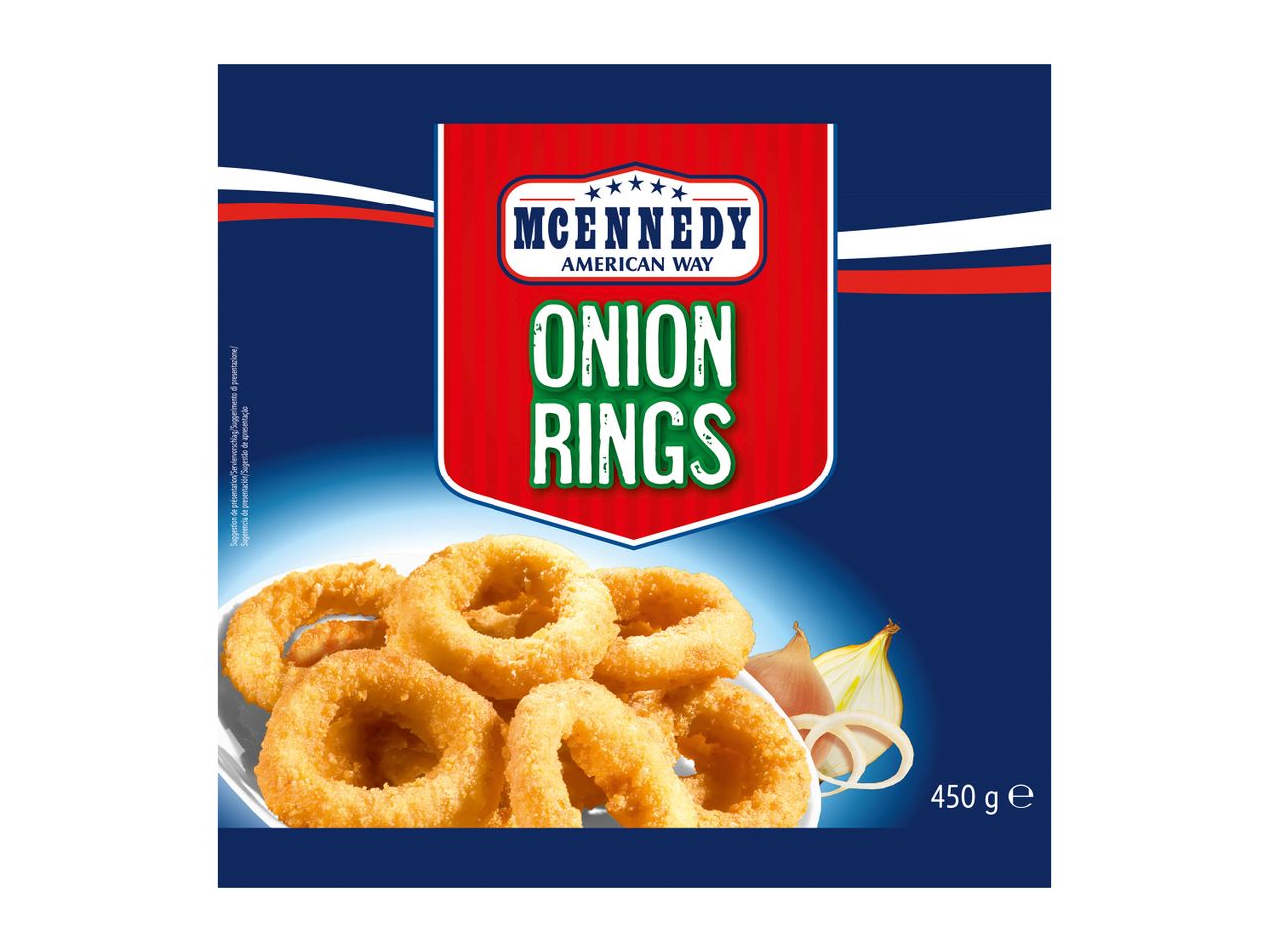 Inel de ceapă pane, cu ceapă proaspătă și textul „ONION RINGS” pe un fundal albastru.