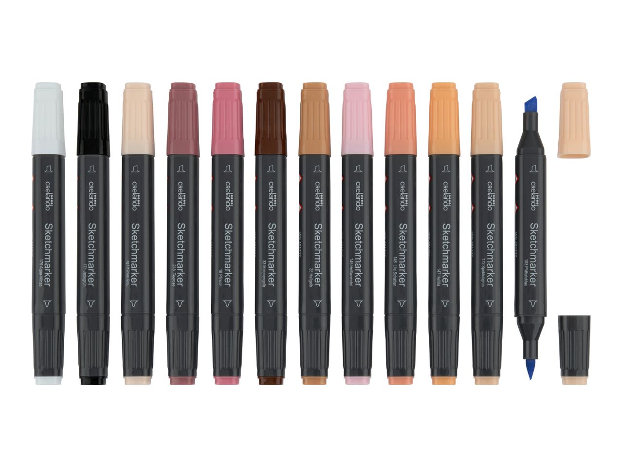 A row of sketch markers in various pastel and earthy tones, with one marker uncapped showing a blue tip.