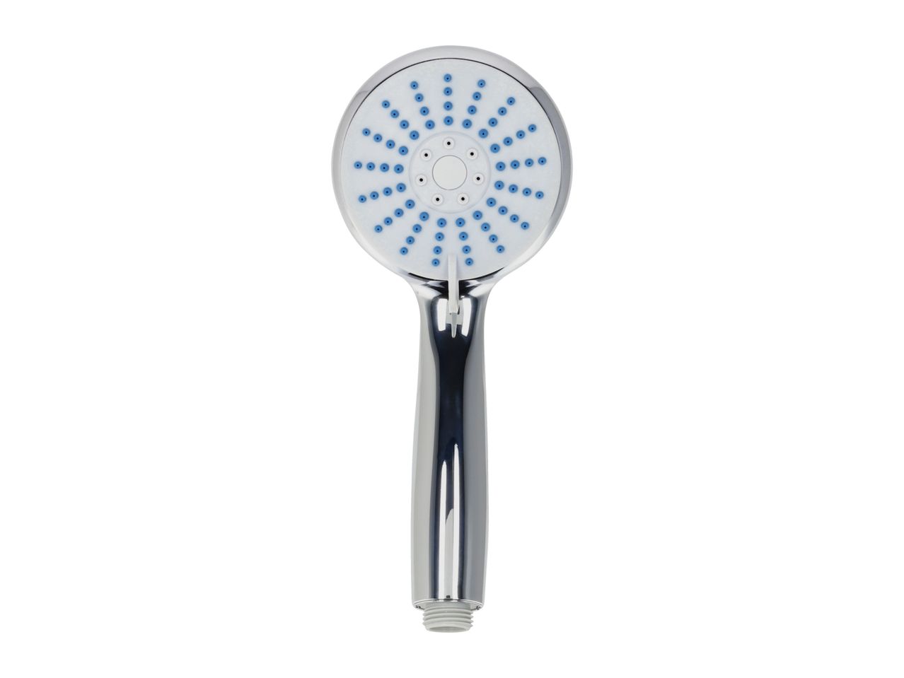 Chrome shower head with a white spray face and blue nozzles.