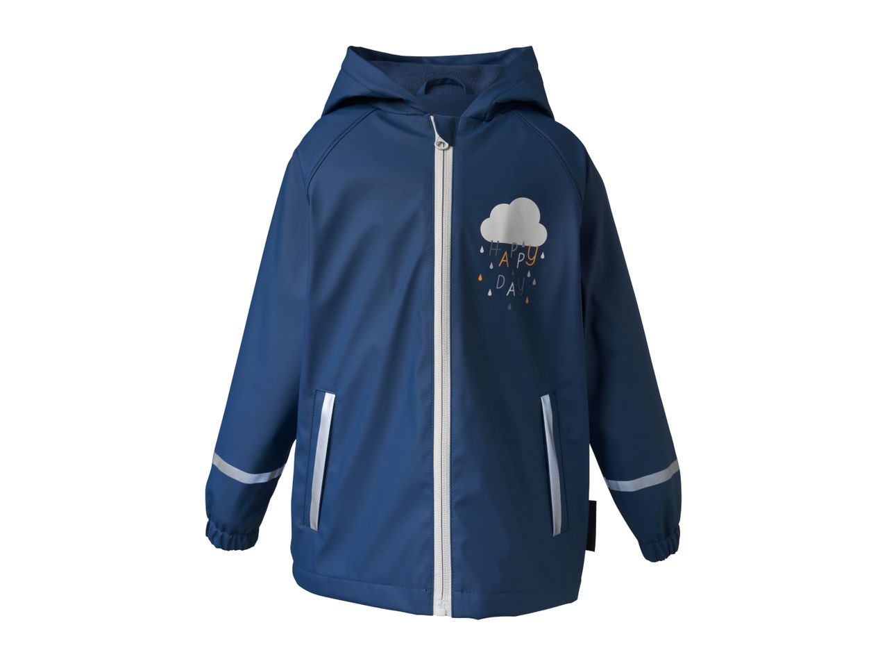 Blue children's rain jacket with a cloud and 'HAPPY DAY' text, reflective stripes.