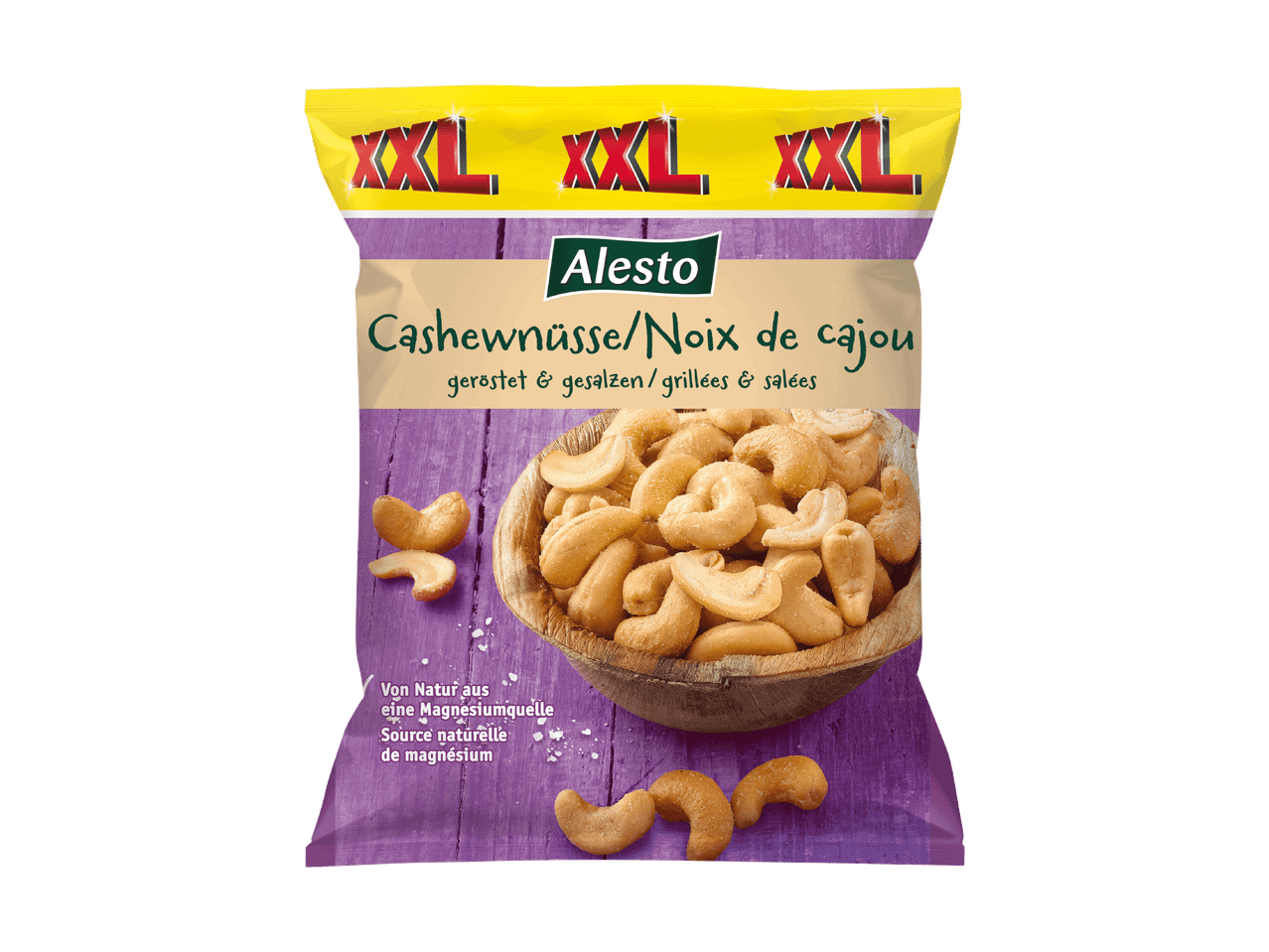 Paquet de noix de cajou Alesto XXL grillées et salées.