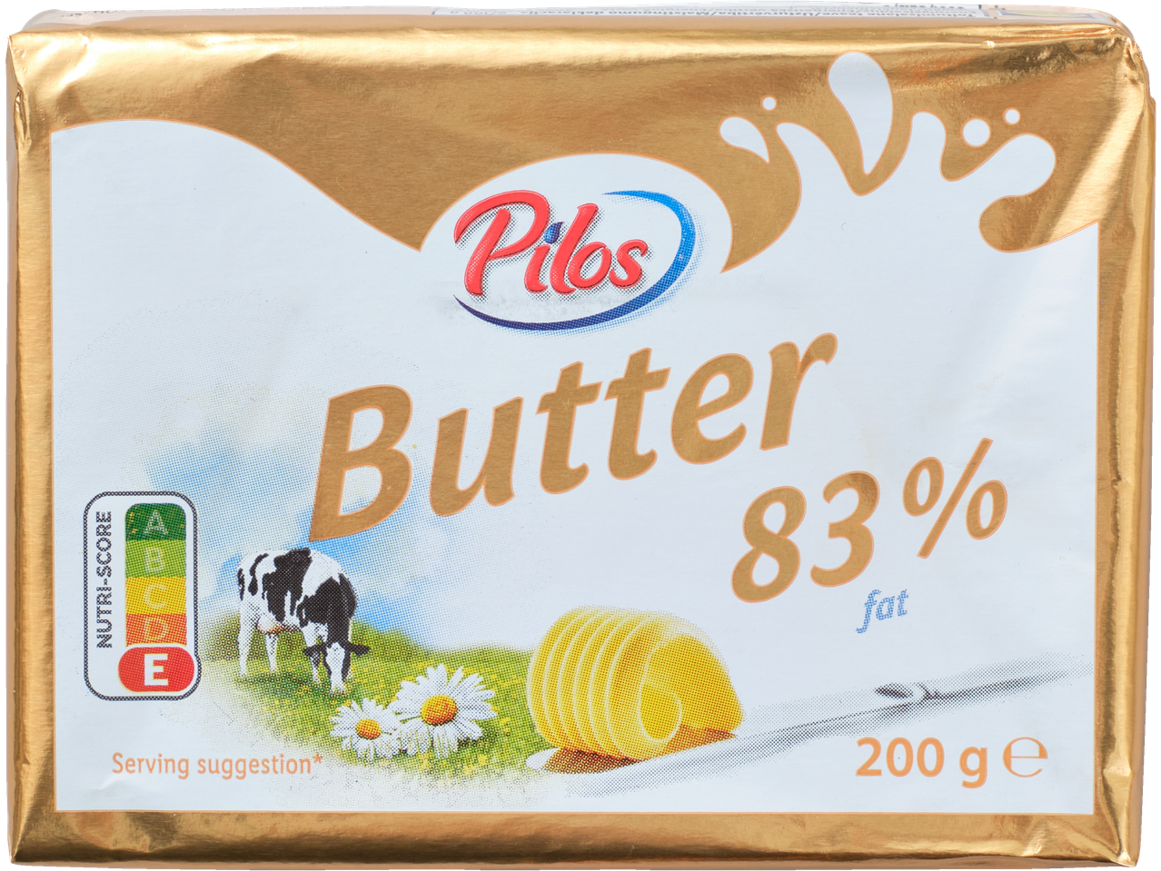 PILOS sviestas 83% riebumo, 200g, su karve ir ramunėmis ant pakuotės.