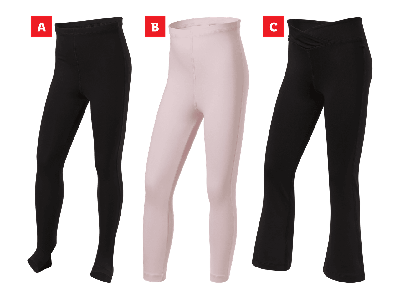 Kolme eri tyyppisiä naisten leggingsejä: mustat, vaaleanpunaiset ja mustat leveälahkeiset.