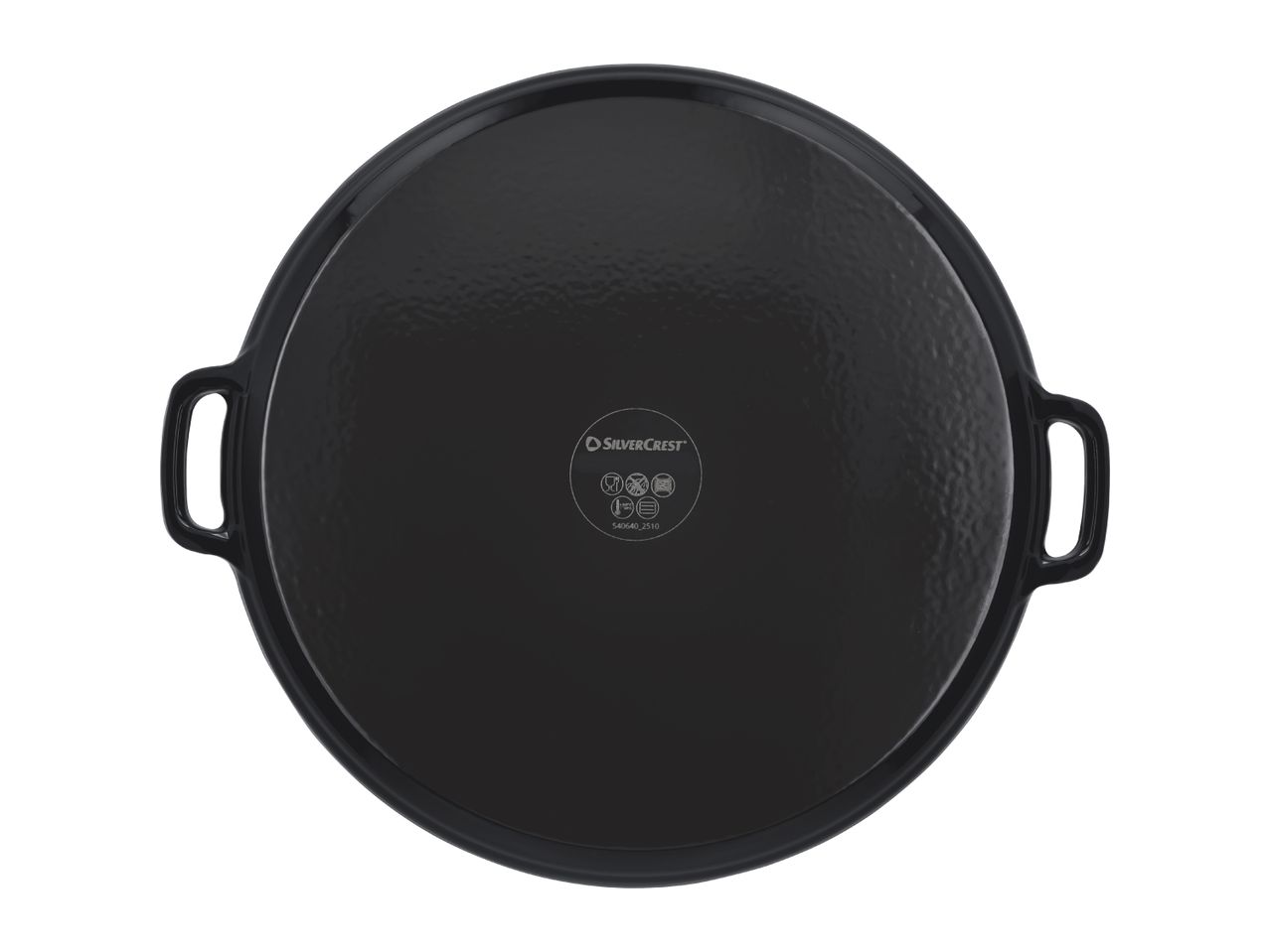 Black round cast iron pan with two handles, viewed from the bottom, showing cooking symbols.