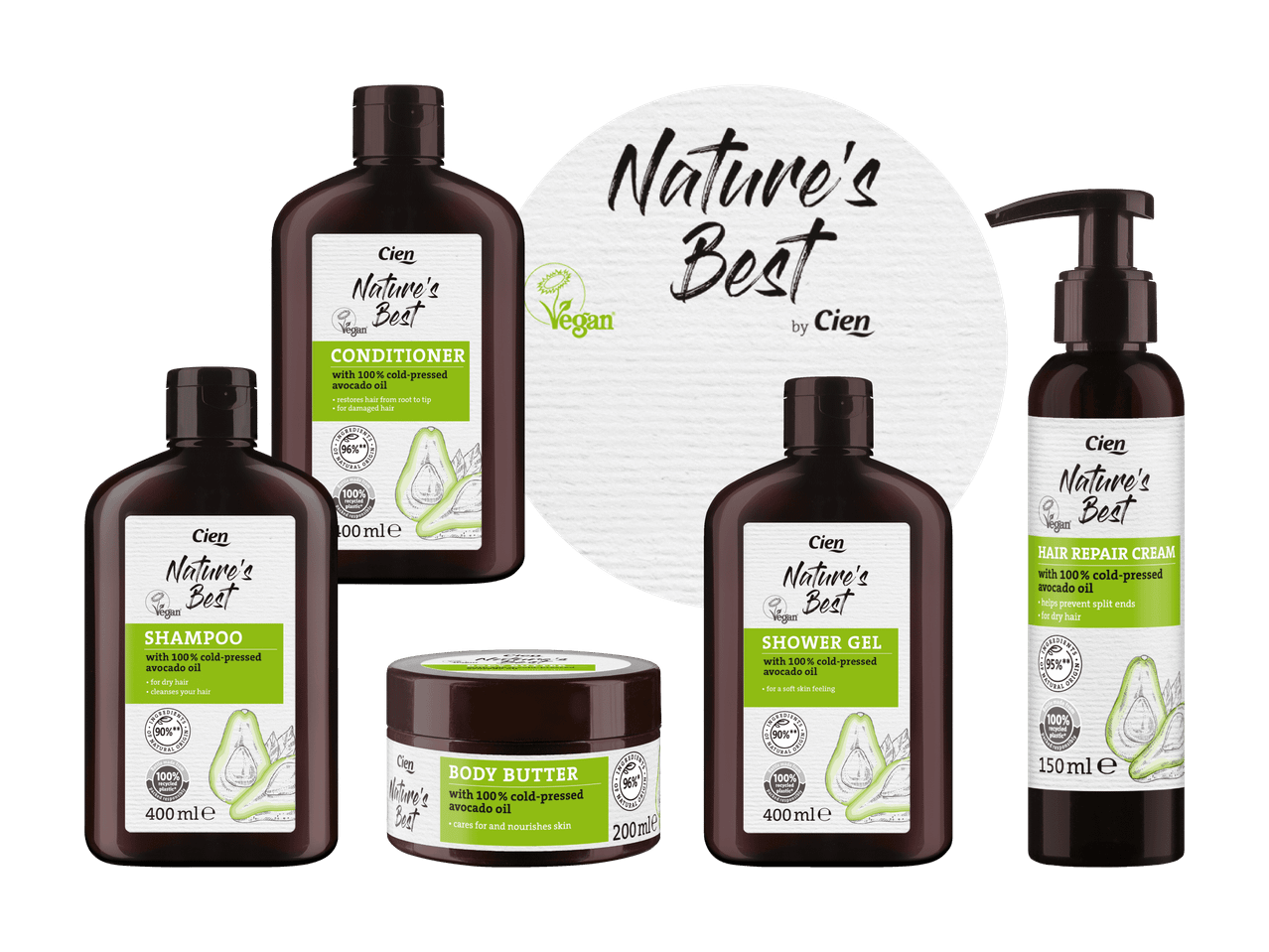 Nature's Best Körperpflege-Set: Shampoo, Conditioner, Body Lotion und Body Butter.