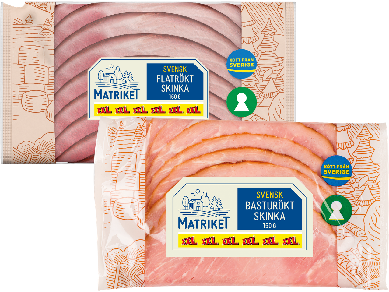 Två förpackningar Matrikets skinka: flatrökt och basturökt.