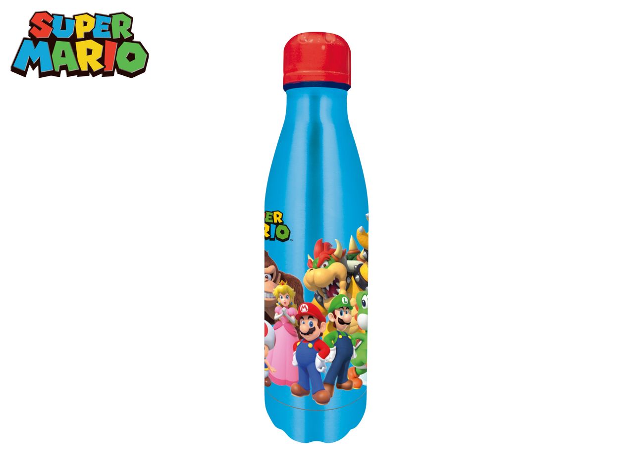 Blue water bottle with a red cap featuring popular video game characters and logo.