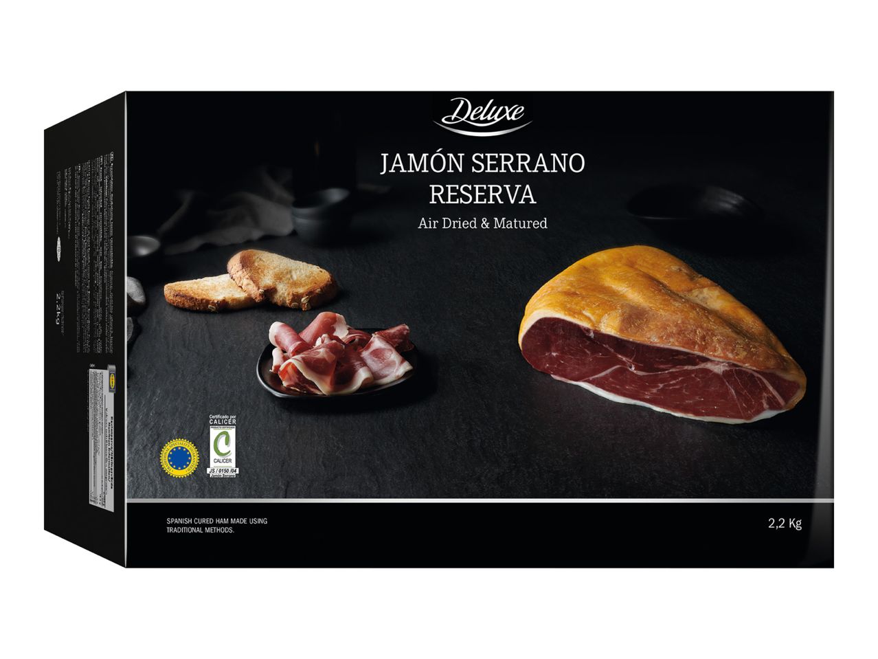 Deluxe Jamón Serrano Reserva, air-dried and matured, with sliced ham and toasted bread.