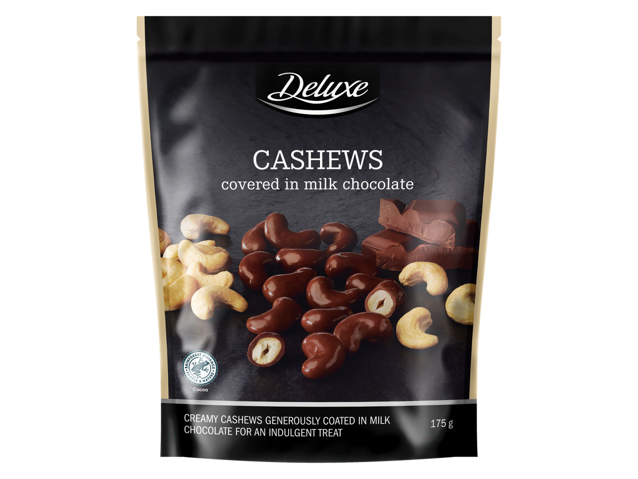 Deluxe cashewnoten, royaal bedekt met melkchocolade.
