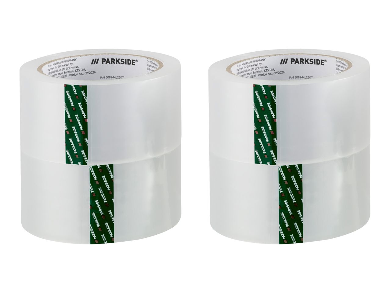 Two rolls of clear packing tape with green and white branding.