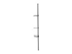 Black tension pole shower caddy with three wire baskets.