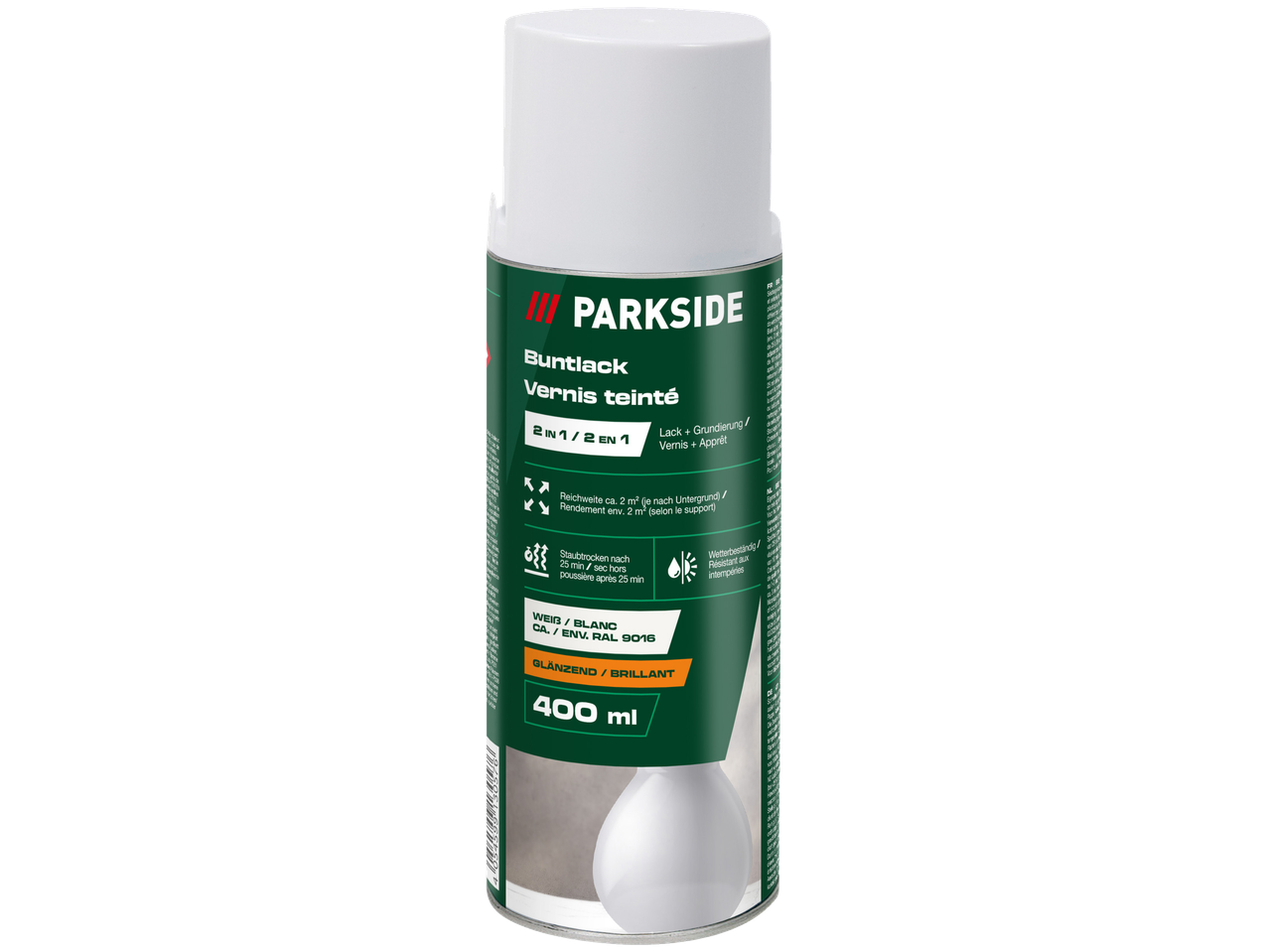 Witte 2-in-1 spuitlak met grondverf, 400 ml, glanzend, weerbestendig.