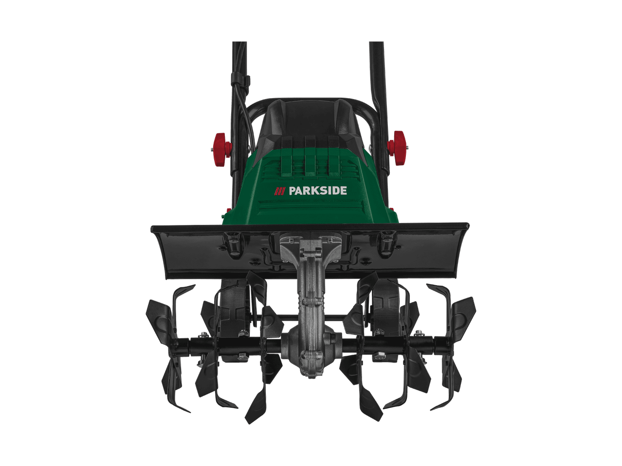 Motoculteur avec capot moteur vert et lames de labour noires