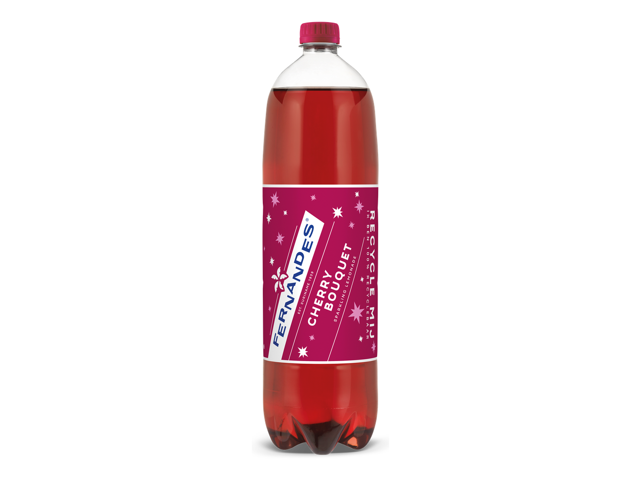 Een fles mousserende kersenlimonade met een roze etiket met sterren en de tekst 'Cherry Bouquet'.