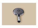 Chrome and dark grey shower head with multiple spray settings on a beige background.