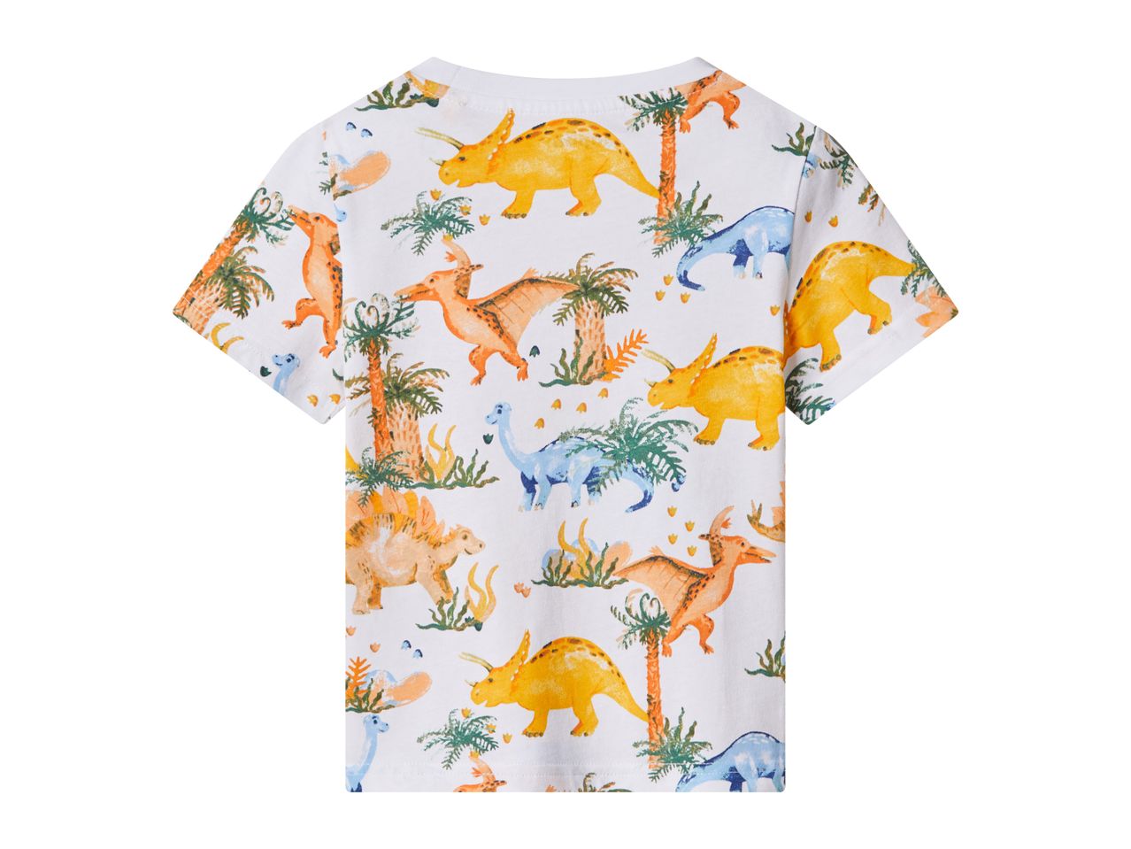 White short-sleeved t-shirt with a colorful dinosaur and palm tree pattern.