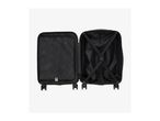 Open black suitcase with patterned lining and elastic straps.