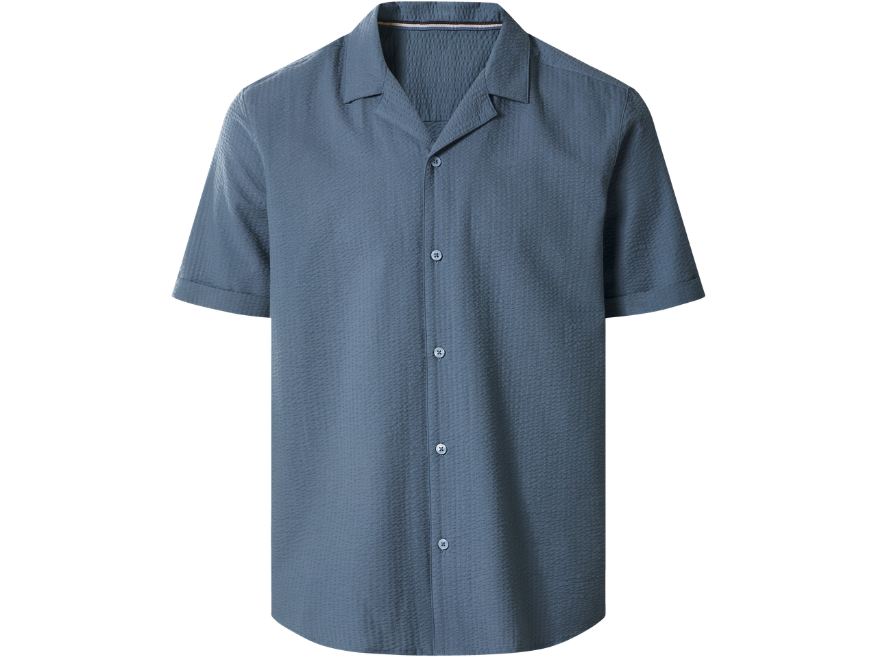 Men's short-sleeved button-up shirt in a textured blue fabric.