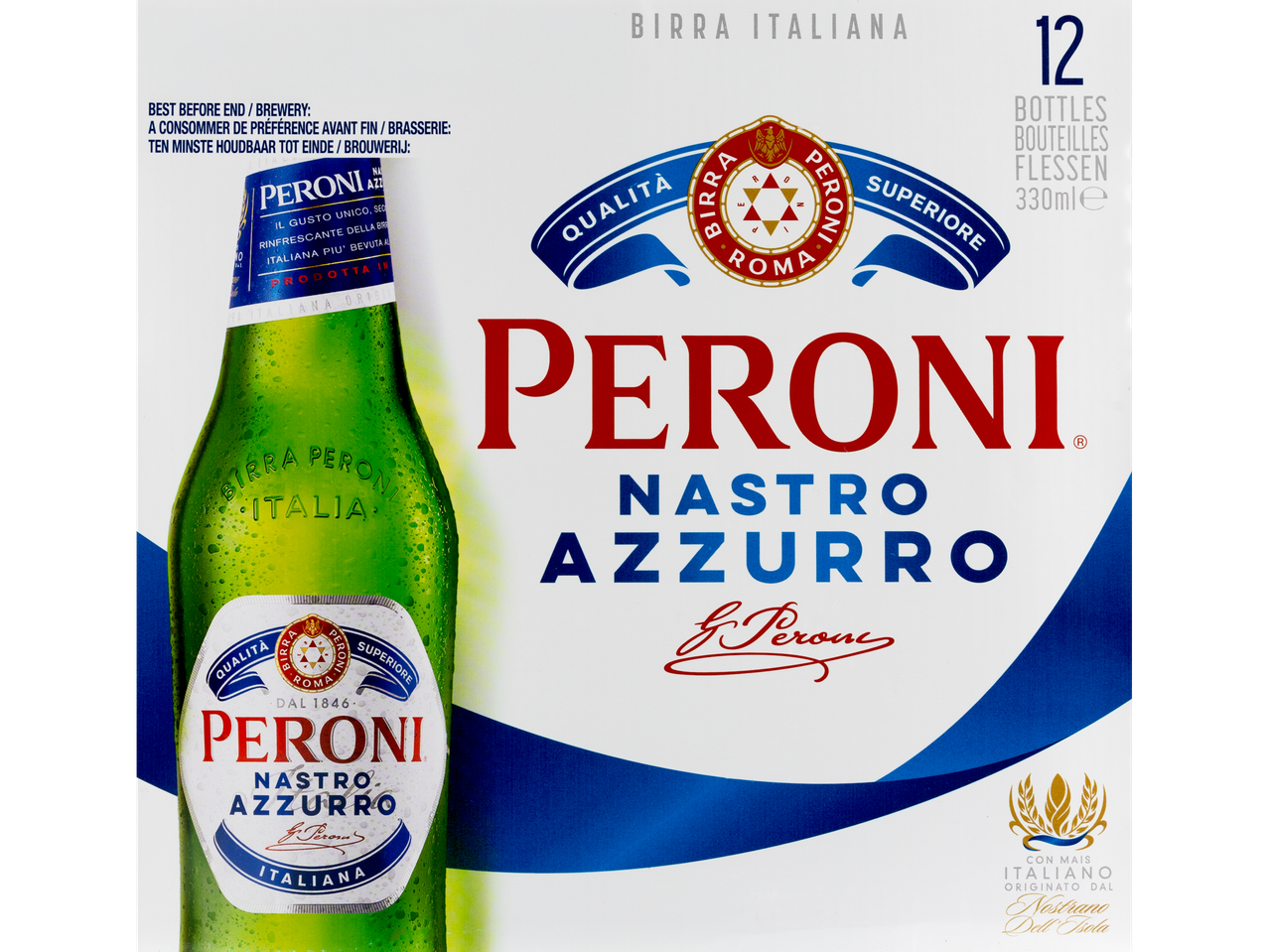 Peroni Nastro Azzurro 12-pack with a bottle and branding details.