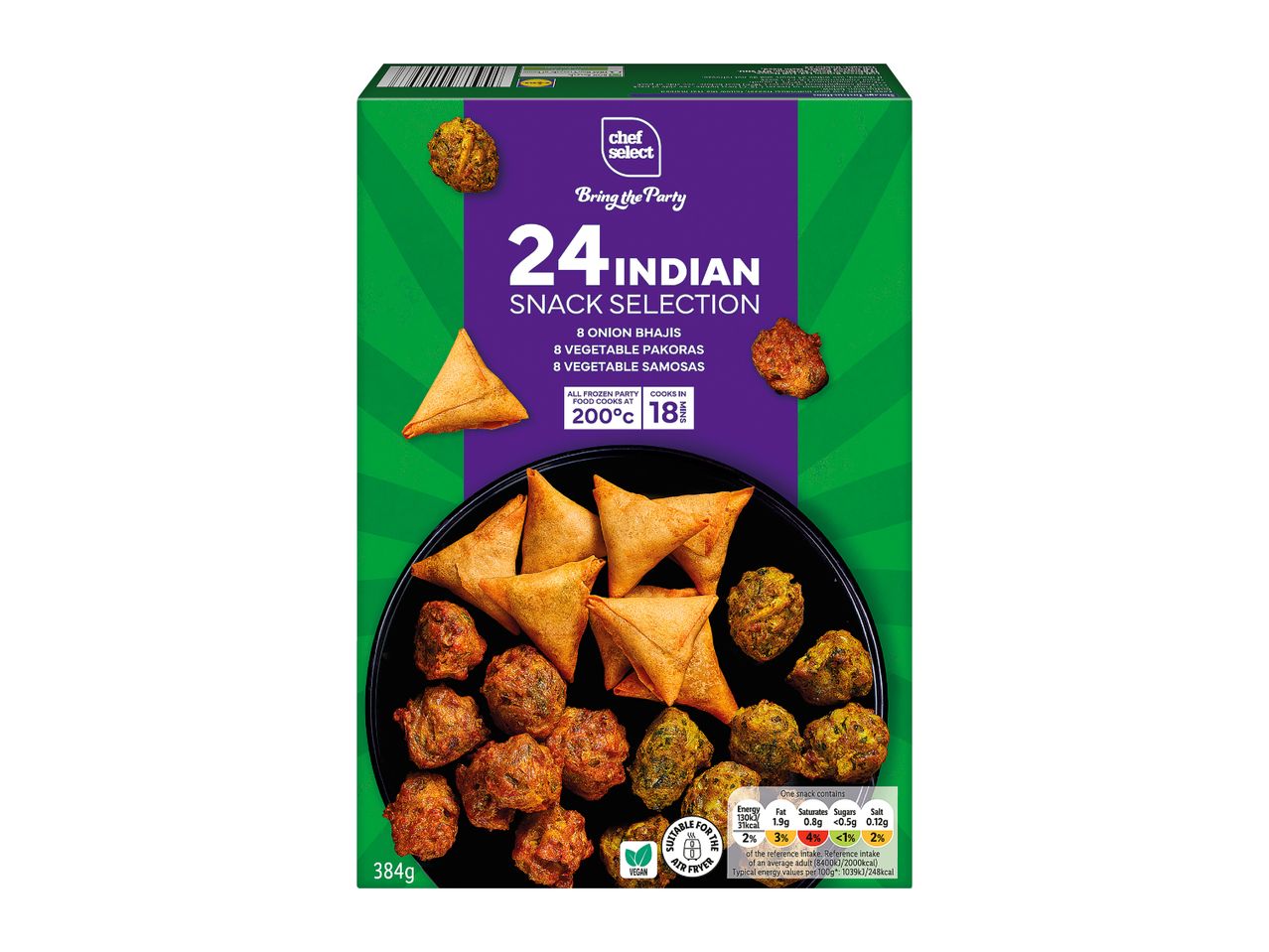 A box of 24 frozen Indian snack selection including onion bhajis, pakoras and samosas.