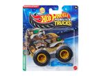 Hot Wheels Monster Trucks: a beige and green monster truck toy in packaging.