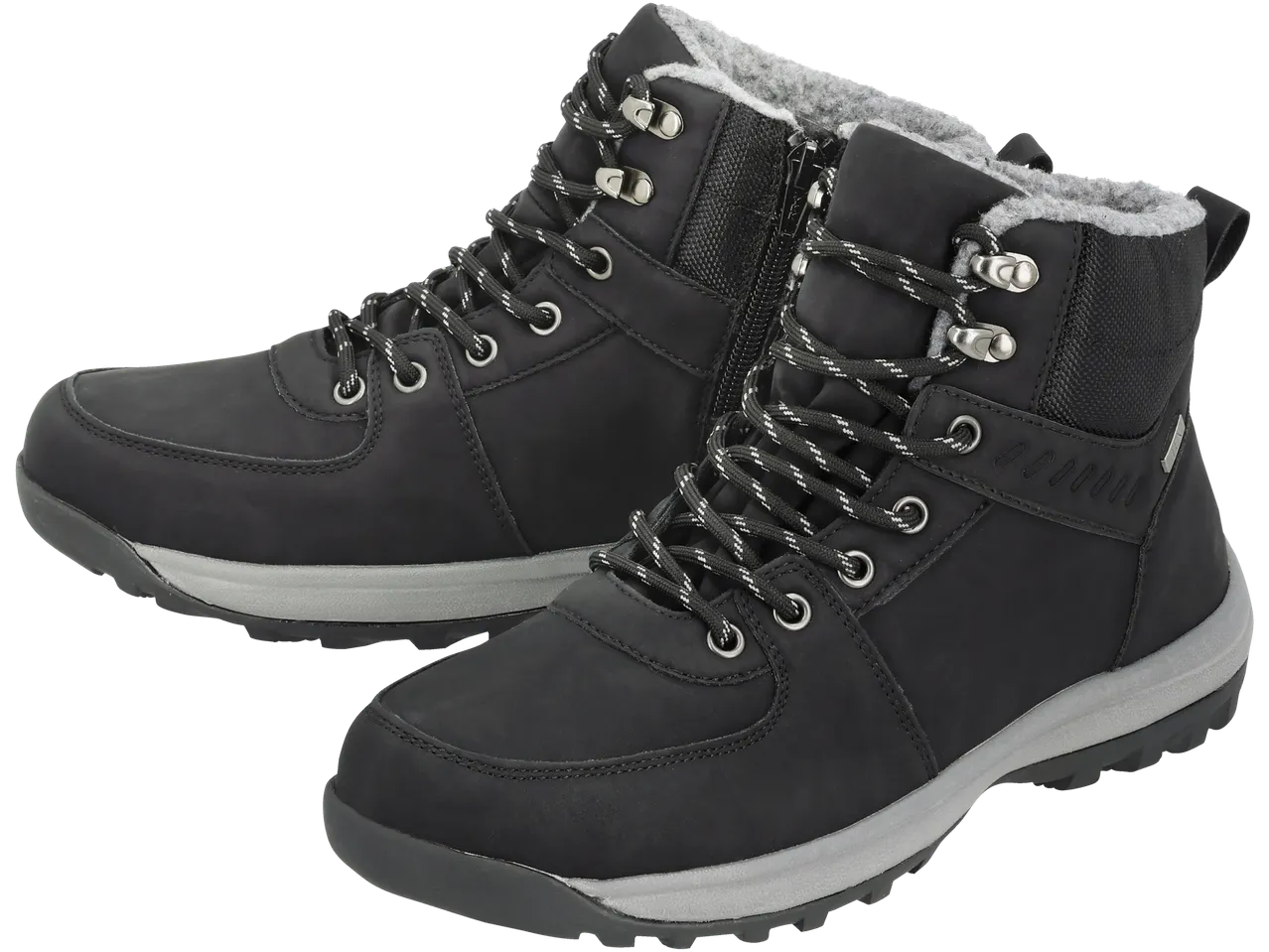 Black men's winter boots with grey soles and faux fur lining