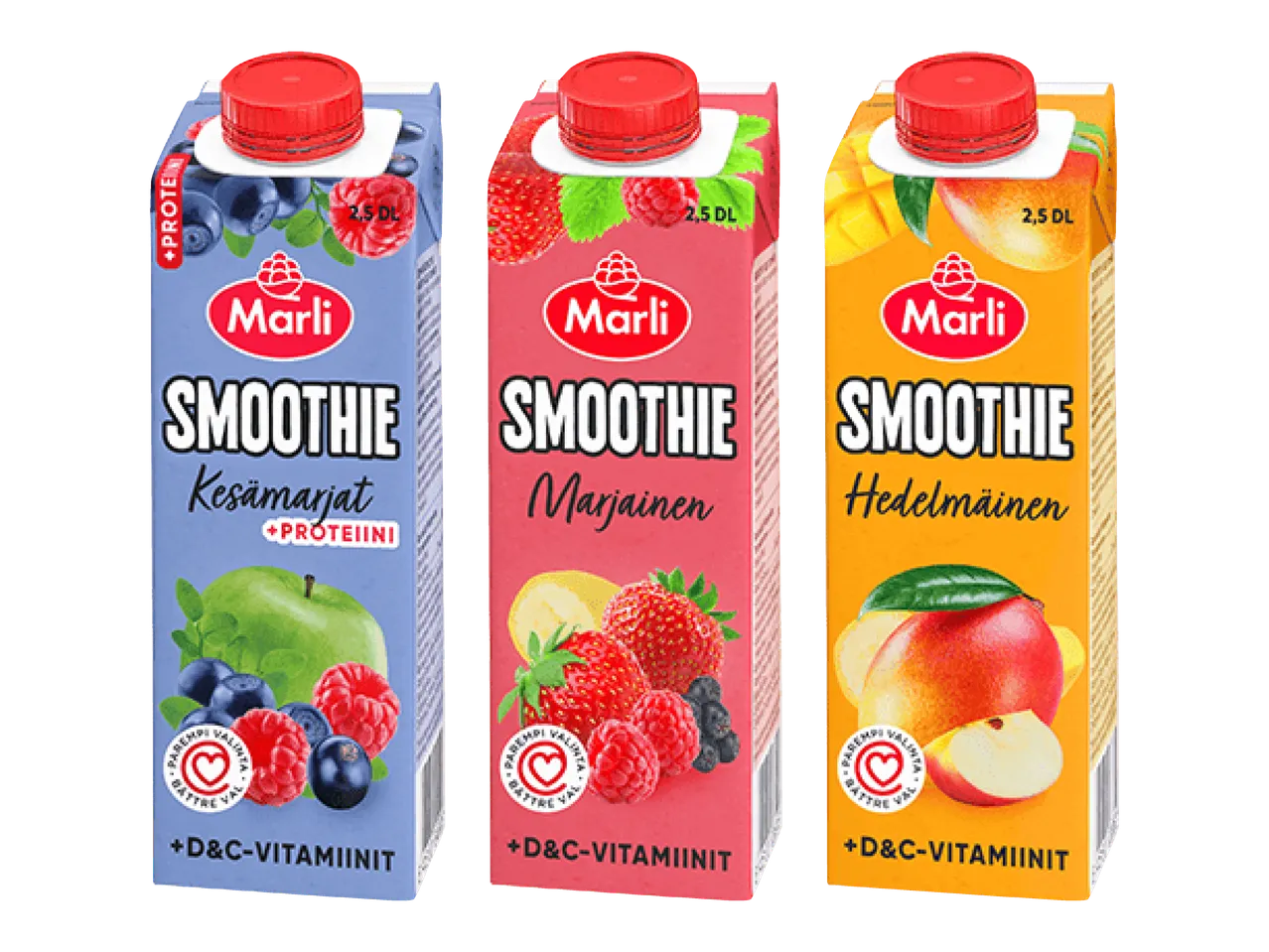 Kolme erilaista smoothiekartonkia: kesämarja, marjainen ja hedelmäinen, joissa on proteiinia ja vitamiineja.