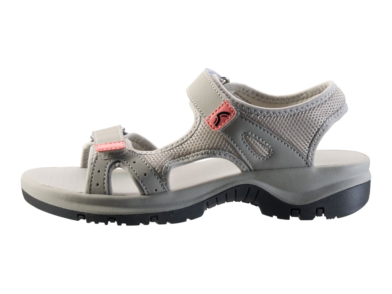 Grey and pink outdoor sandal with adjustable straps and a sturdy sole.