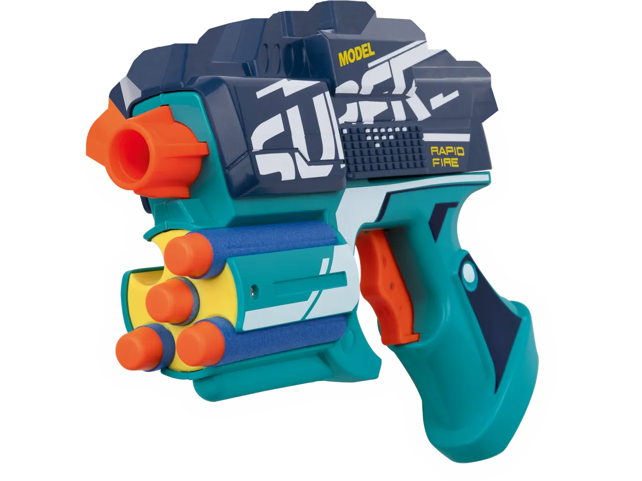 Un pistol de jucărie, model Super Rapid Fire, cu mai multe proiectile din spumă.
