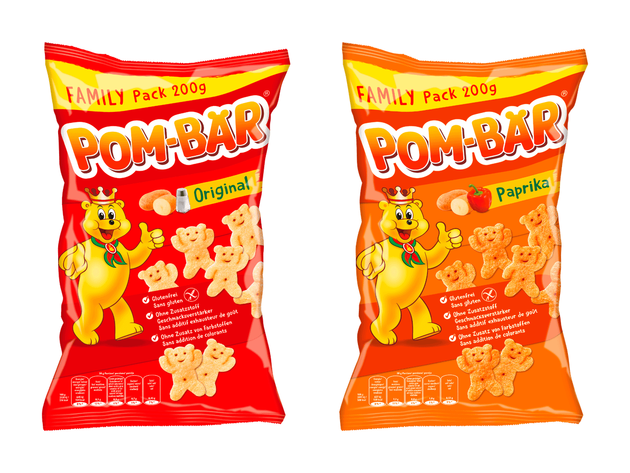 Due confezioni di patatine Pom-Bär, una originale e una al gusto paprika.
