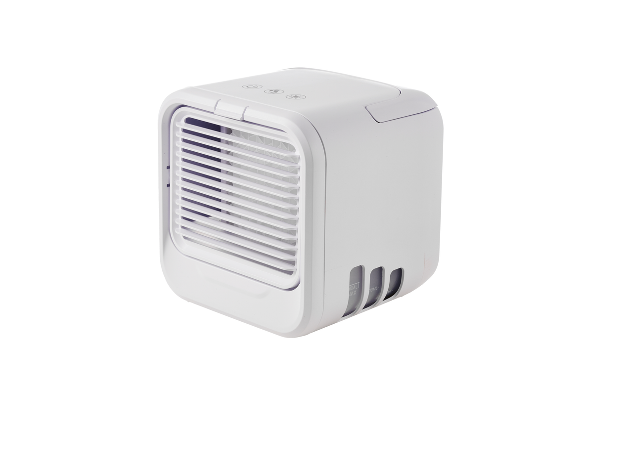 White portable air cooler with control buttons on top and water level indicators on the side.