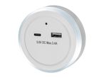 A white circular USB charger with a USB-C and USB-A port, displaying '5.0V DC Max.3.4A'.