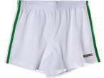White kids' training shorts with green side stripes and 'GRASSROOTS SPORTS' logo.