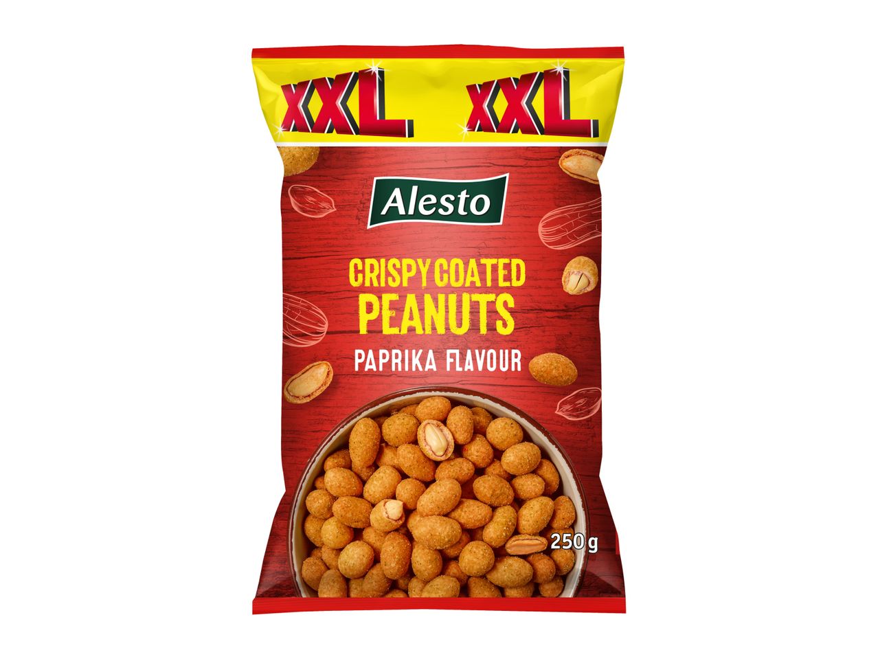 A bag of Alesto XXL Crispy Coated Peanuts with Paprika flavour.