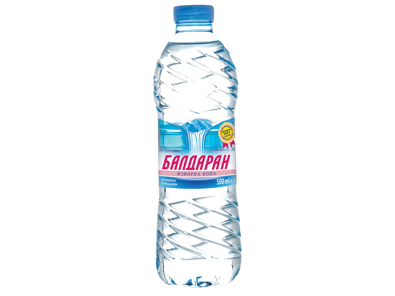 Бутилка изворна вода с етикет, изобразяващ водопад и текст на кирилица.