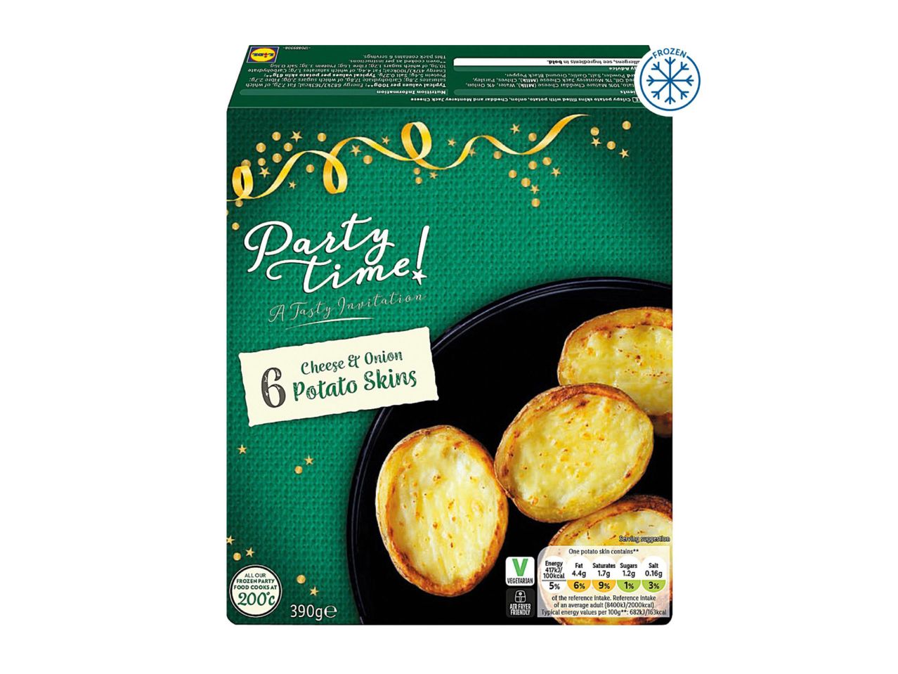 Lidl Party Time 6 Cheese & Onion Potato Skins, 390g, frozen, vegetarian, air fryer friendly.