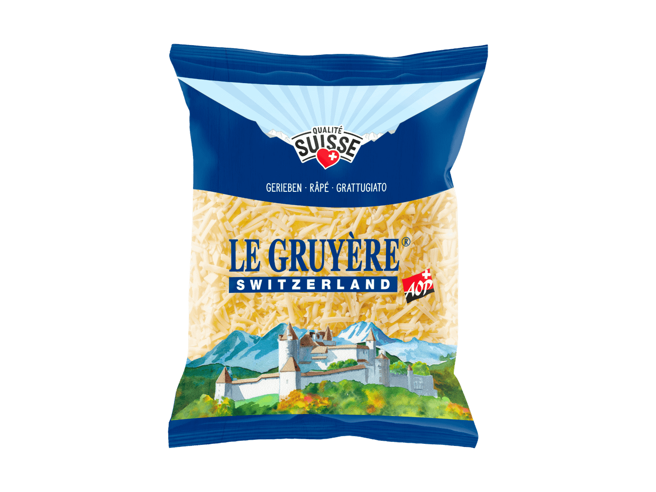 Sachet de fromage râpé Le Gruyère avec un paysage suisse en arrière-plan.