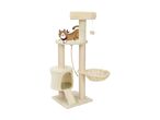 Beige multi-level cat tree with a scratching post, hammock, condo, and hanging toy