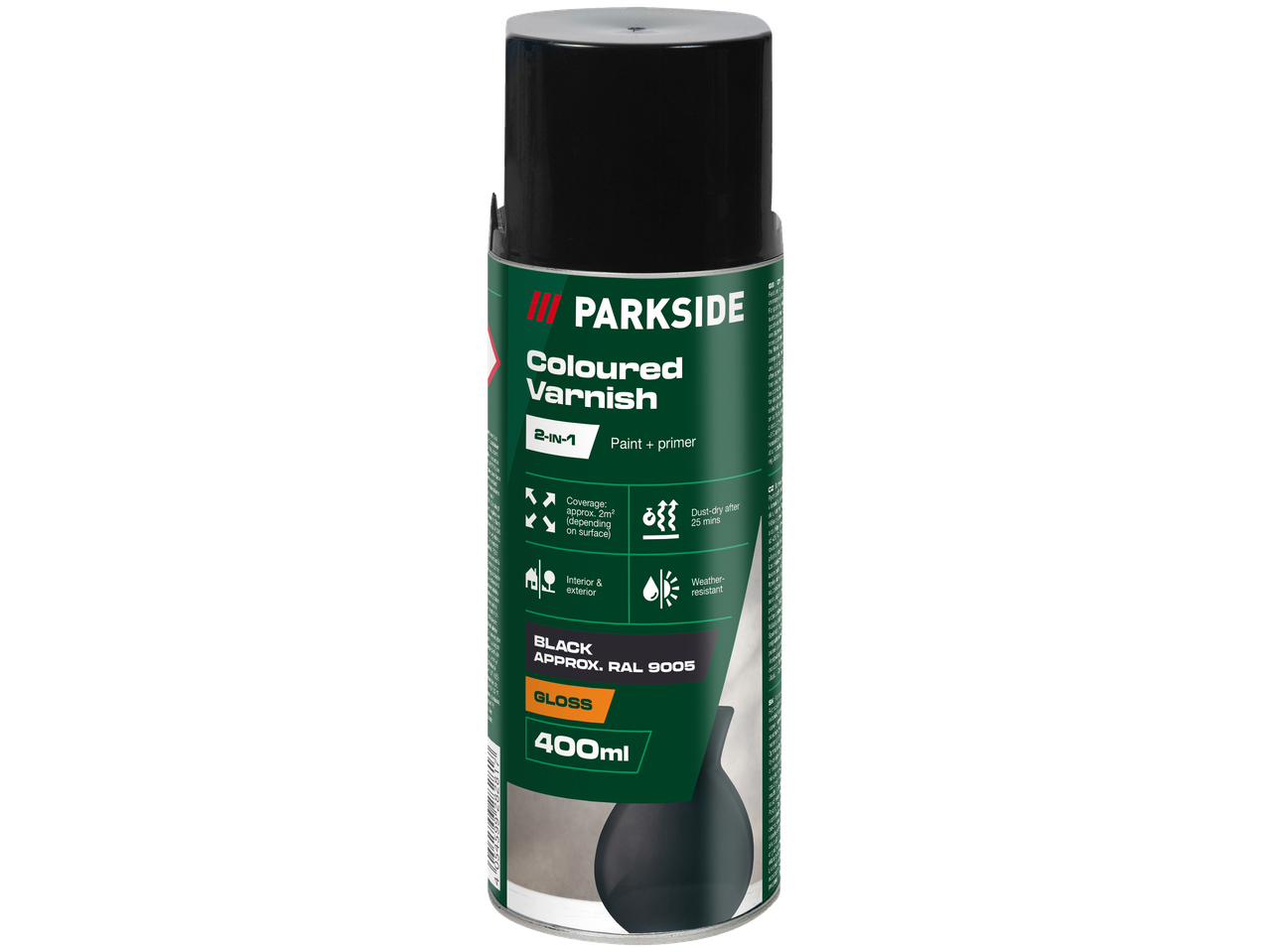 PARKSIDE krāsainā laka, melna, spīdīga, 400 ml, 2-in-1 krāsa + grunts.